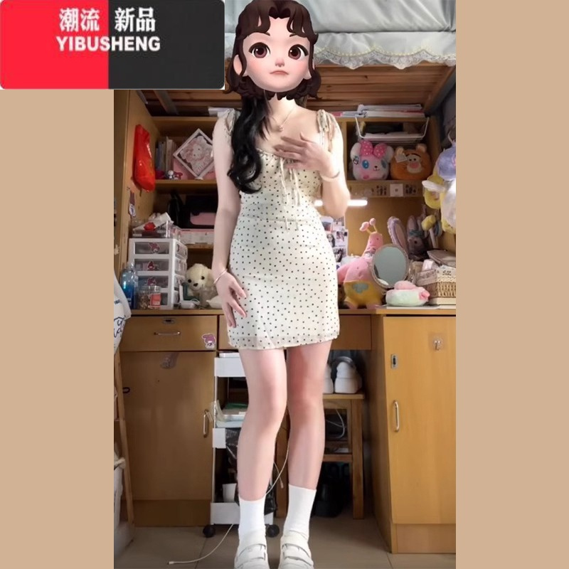 YIBUSHENG小个子波点吊带连衣裙子早春装2024新款茶歇法式系带包臀裙两件套