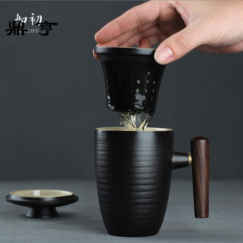 鼎亨陶瓷带盖过滤茶杯创意木把简约办公杯泡茶杯子喝茶水杯家用