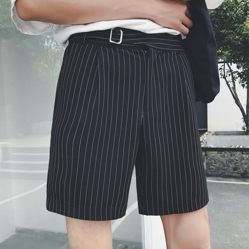 黑色竖条纹短裤男士西裤修身型休闲裤型师个性时尚五分裤中裤潮
