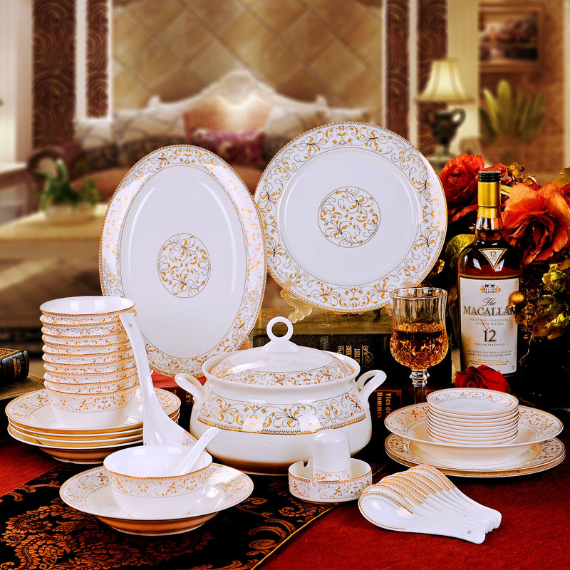 陶瓷餐具2856头骨瓷餐具碗盘碟套装欧式送礼品金边餐具