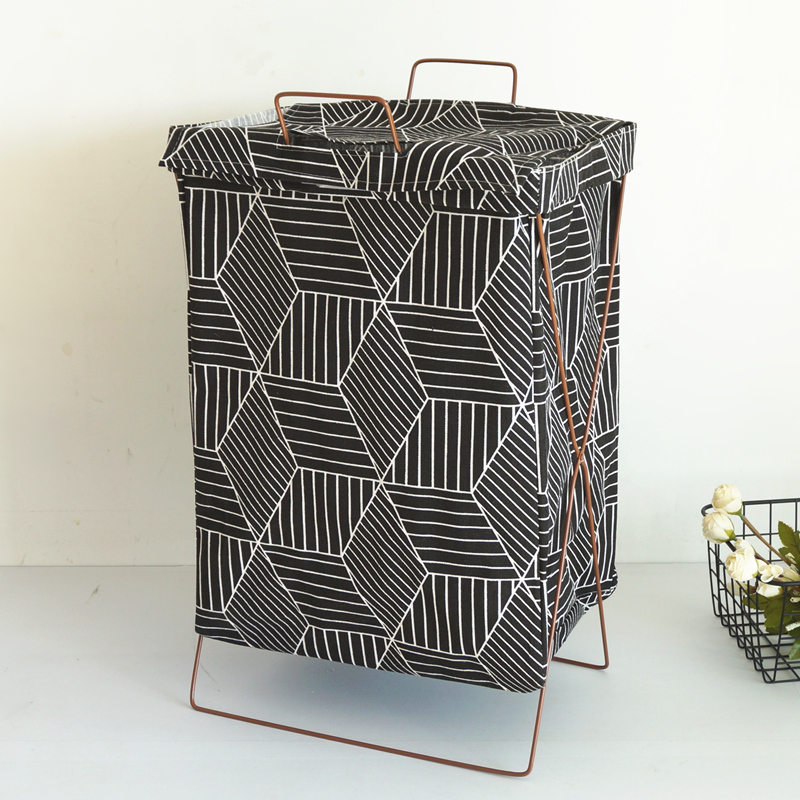 北欧布艺脏衣篮家用铁艺大号折叠脏衣篓储物收纳箱玩具衣服收纳筐 （带盖）黑色几何38*28*55