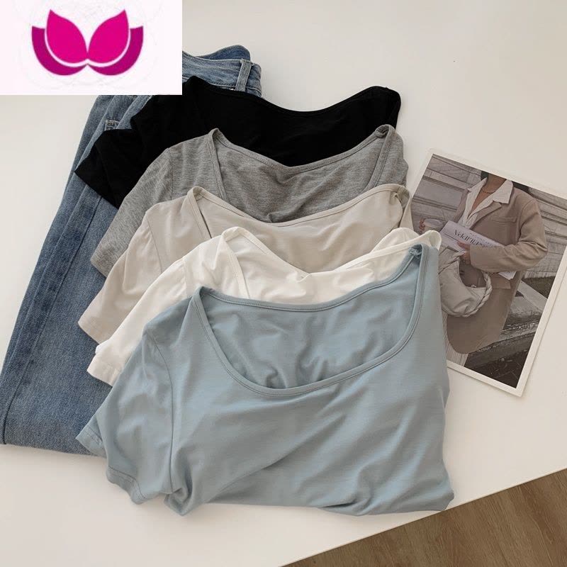 七斓基础款垂感方领莫代尔短袖T恤女修身显瘦短款打底衫上衣夏季薄款图片
