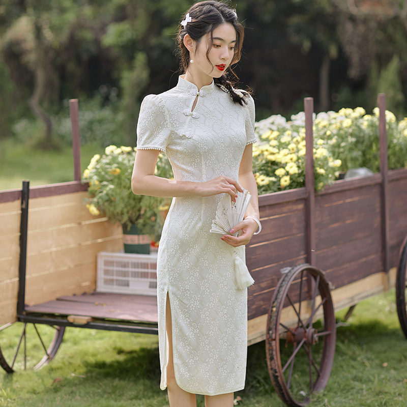 夏季新款银丝棉改良小清新学生装旗袍日常修身改良素雅旗袍连衣裙