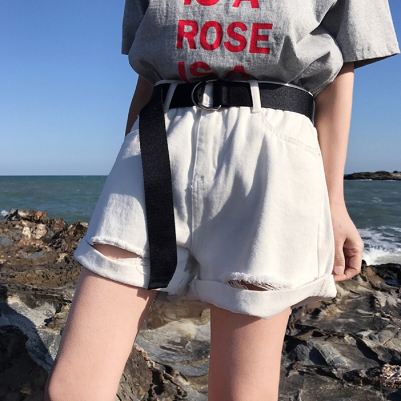 夏装女装新款韩版卷边破洞宽松阔腿裤短裤高腰牛仔裤热裤学生