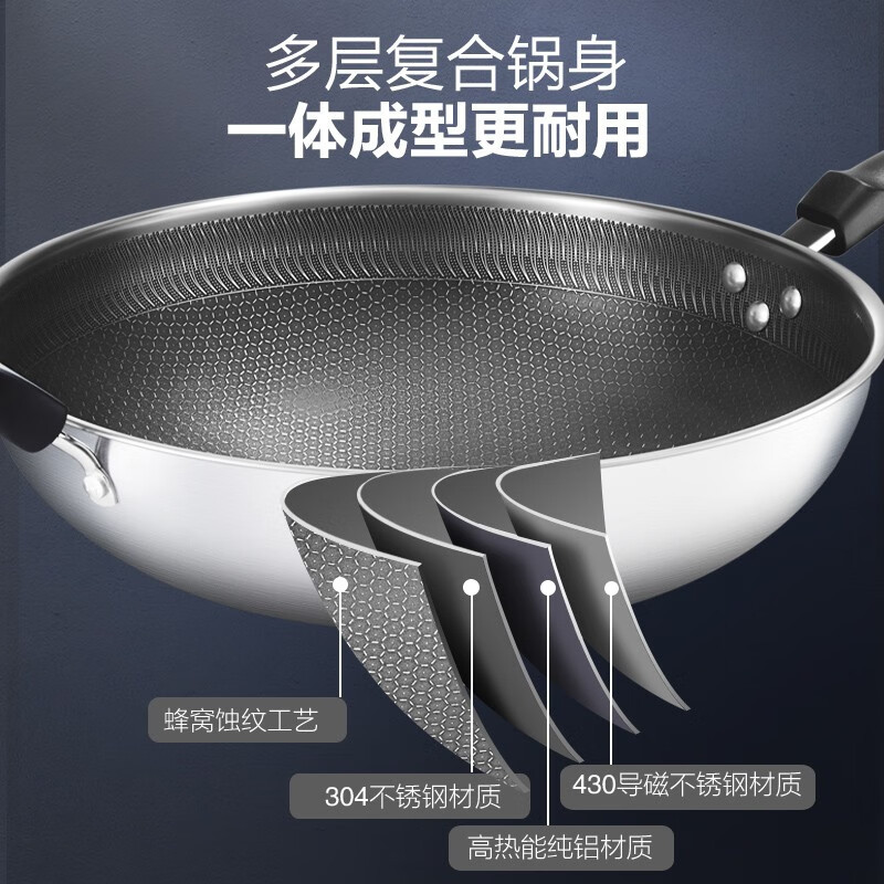 苏泊尔(SUPOR)304不锈钢蜂窝防粘锅不易粘炒菜锅煎锅燃气电磁炉通用32cm EC32JKC01