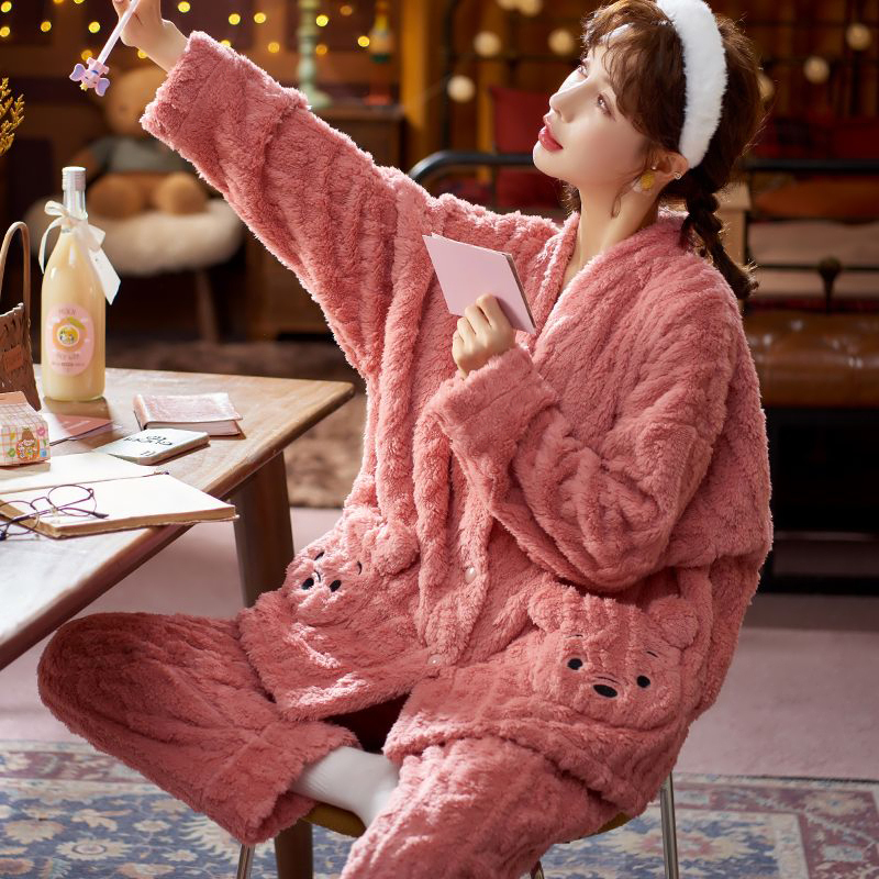 南极人冬季睡衣女加厚加绒外穿可爱法兰绒两件套保暖珊瑚绒家居服