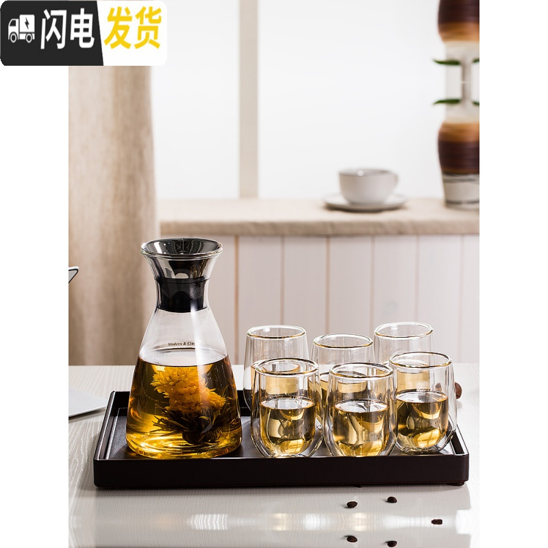 三维工匠家用冷水壶耐热防爆玻璃杯子套装凉水杯水具北欧创意茶具 菲拉斯+6水滴杯+方盘紫檀色
