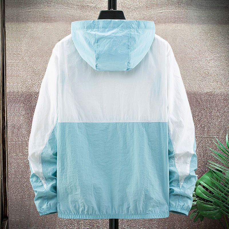 加肥加大码连帽防晒衣男女夏季薄款宽松潮胖子防晒服夹克皮肤外套 蓝白色 8010款 防晒衣 M