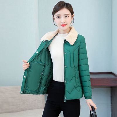 棉服女2021新款秋冬轻薄保暖短款小棉袄反季修身显瘦中年棉衣外套 绿色 L 80-105斤