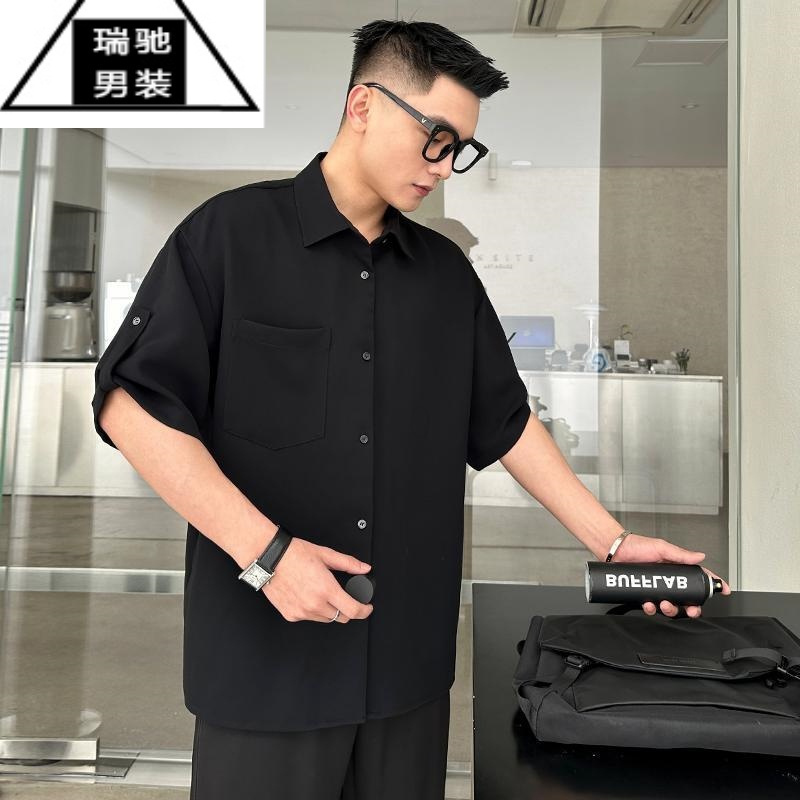 希杰狮王特大码300斤垂感短袖衬衫男装夏季潮牌休闲上衣宽松百搭半袖