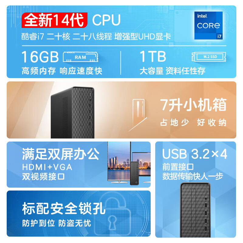 惠普(HP)星Box高性能商务办公台式电脑主机(14代i7-14700 16G 1TB+1TB固态 WiFi Win11 注册五年上门)单主机 升级版