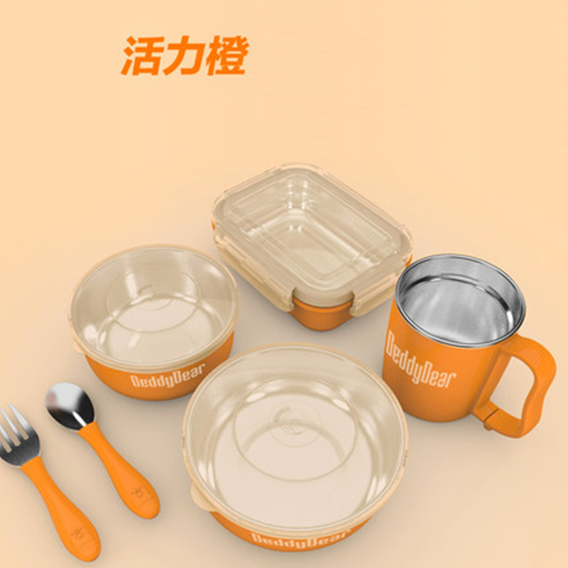(私人订制)杯具熊(BEDDYBEAR儿童餐具宝宝婴幼儿吸盘碗辅食碗316不锈钢防摔碗辅食碗勺叉子套装宝宝餐具六件套高清大图