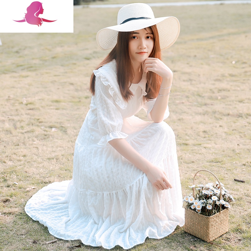 艳如飞白色连衣裙女仙显瘦长款淑女雪纺裙子仙女超仙森系气质长裙夏