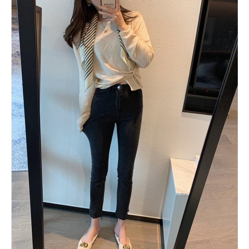 SUNTEK百搭显瘦弹力修身黑色高腰牛仔裤女裤脚开叉毛边小脚裤九分铅笔裤牛仔裤