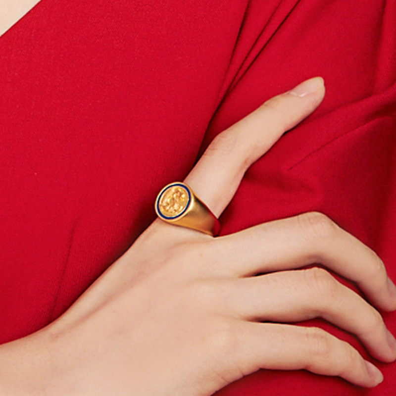 老庙黄金鸿运升升大哥戒古法黄金唐龙珐琅戒指计价