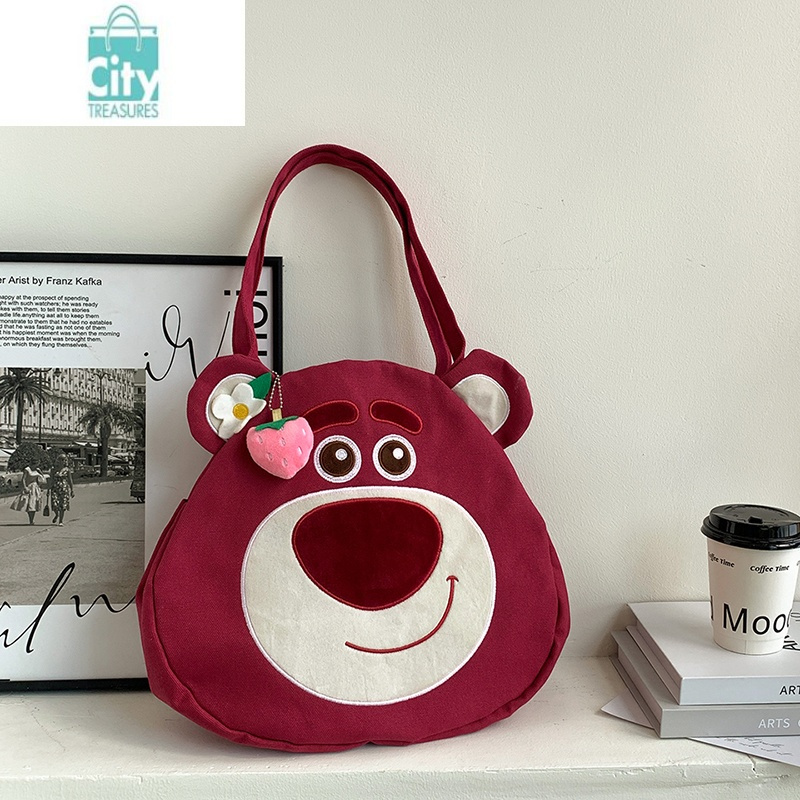 bangdou卡通草莓熊帆布单肩包大容量手提包女2024新款斜挎包今年流行
