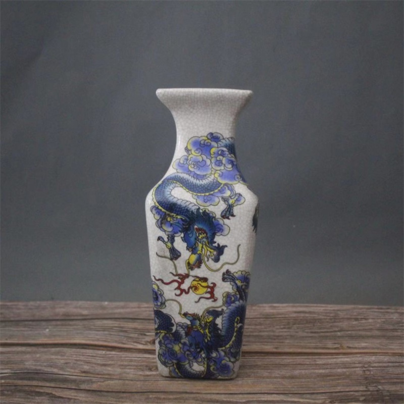 美帮汇景德镇仿古陶瓷乾隆粉彩四方花瓶双龙戏珠摆件家居装饰展柜做旧