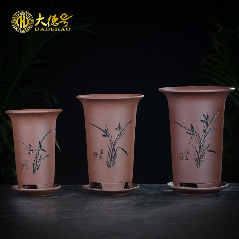 宜兴紫砂兰花盆陶瓷大小号透气吊兰家用兰草君子兰专用花盆带托盘