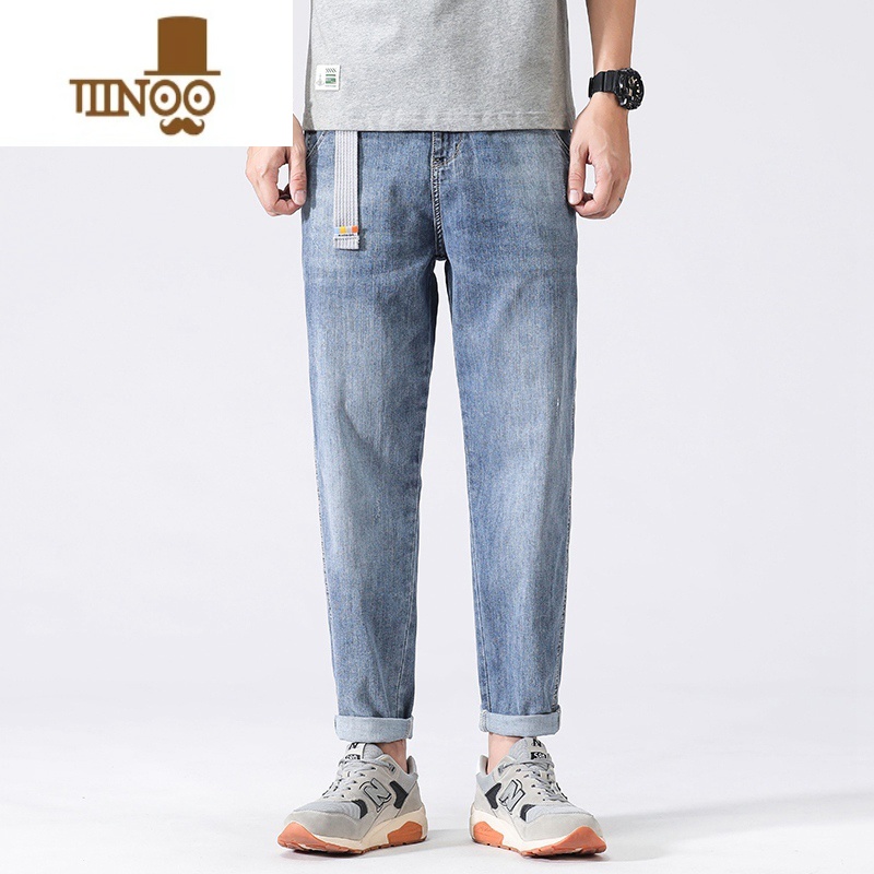 YANXU美式高街裤子男士浅色牛仔裤男夏季薄款直筒宽松潮牌九分休闲小脚高清大图