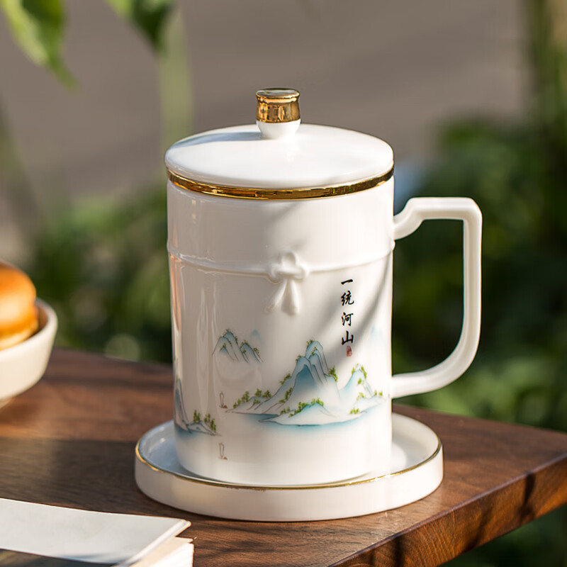 中式水杯陶瓷办公室个人茶水分离带盖茶杯 一统河山单水杯礼盒装S-803高清大图