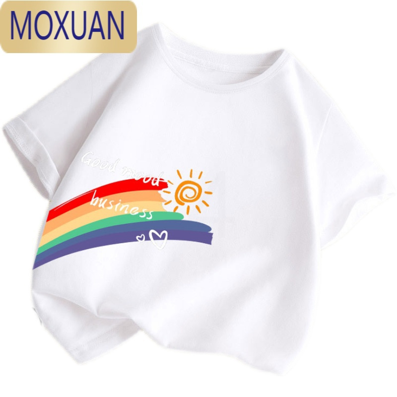 moxuan女童彩虹图案半袖儿童新品短袖t恤童装男童卡通韩版上衣薄款t恤