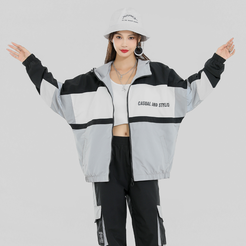 Manloric外套女2022春季潮流宽松连帽时尚拼色运动夹克ins休闲学生上衣潮85222