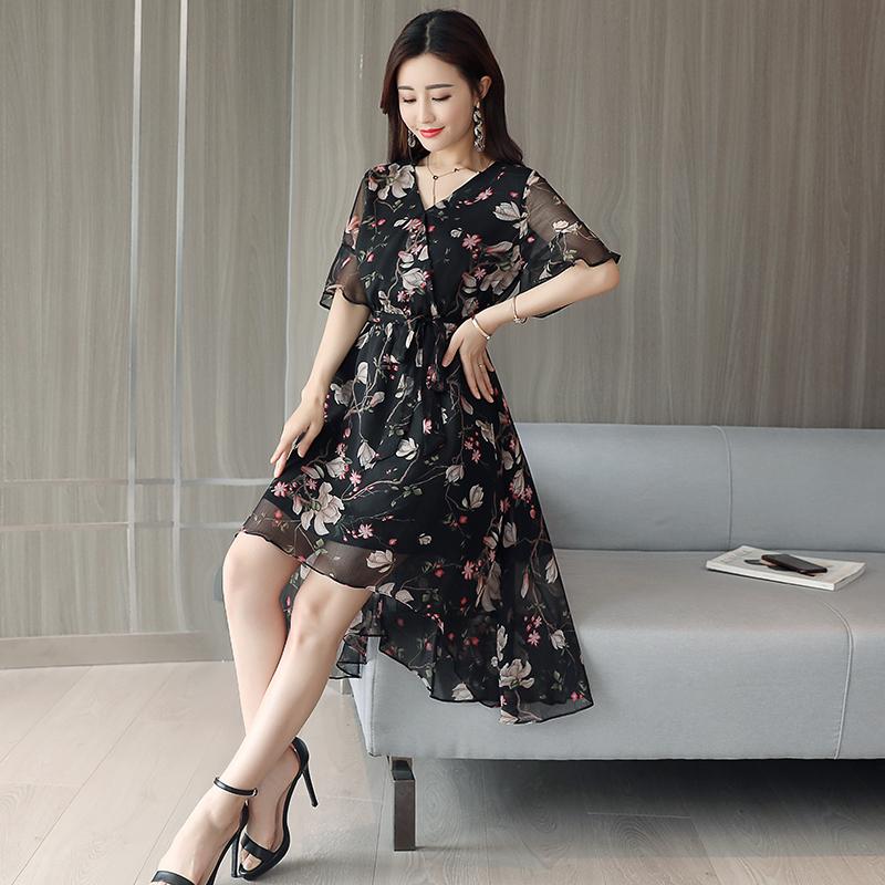 连衣裙女中长款女士夏款新品韩版不规则显瘦仙女碎花雪纺裙子