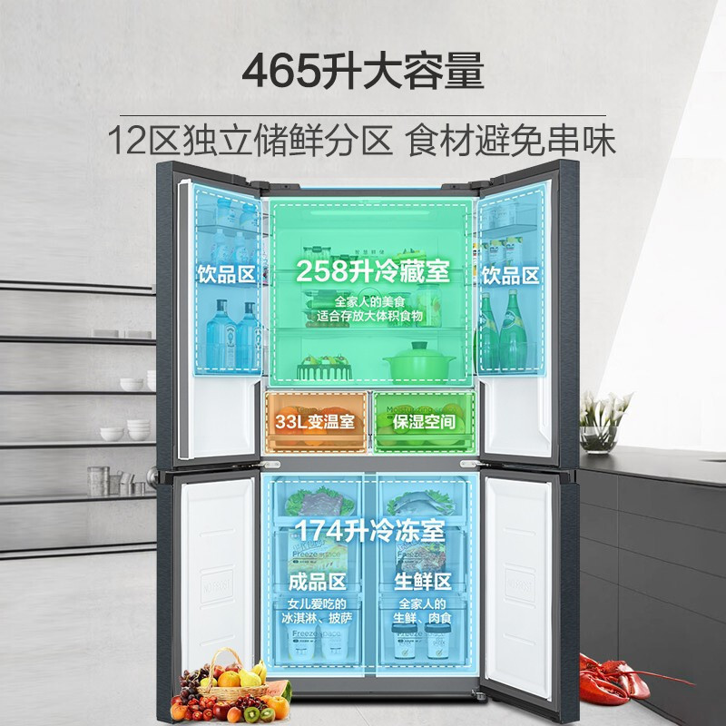 美的(Midea)465升十字对开门家用冰箱风冷无霜一级能效智能操控双变频节能分储保鲜管家BCD-465WTPZM(E)