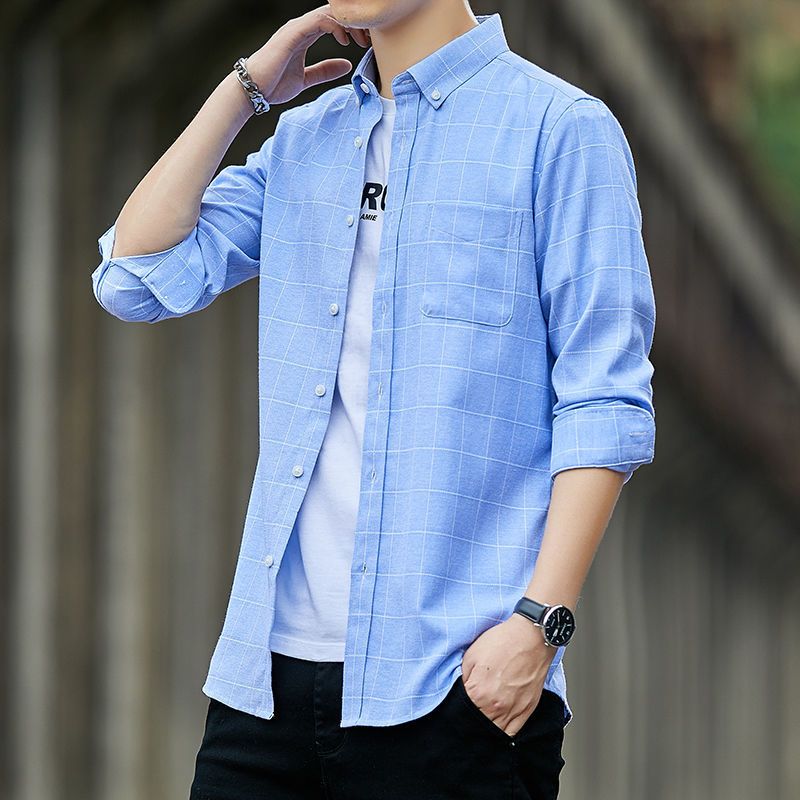 新款格子牛津布男士秋季长袖衬衫修身韩版学生休闲男装中青年衬衣