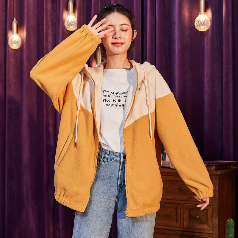 唐狮短款外套女外套拼接连帽摇粒绒外套女装外套女冬休闲外套女