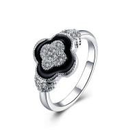 R843Women Silver Rings黑色滴油水晶戒指日韩指环四叶戒子女生送女朋友七夕情人节礼物