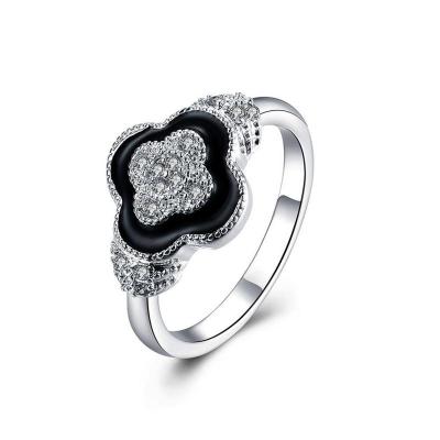 R843Women Silver Rings黑色滴油水晶戒指日韩指环四叶戒子女生送女朋友七夕情人节礼物