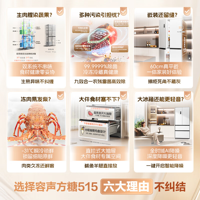 容声方糖515L法式多门冰箱双系统双循环主动除菌净味超薄零嵌入式一级能效风冷无霜大容量白 BCD-515P60FZMAD高清大图