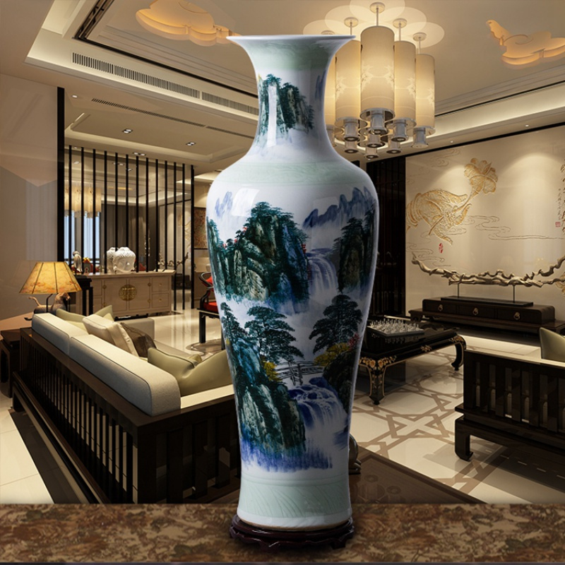 景德镇陶瓷落地花瓶墨彩山水画手绘瓷瓶客厅装饰品摆件三维工匠山水d