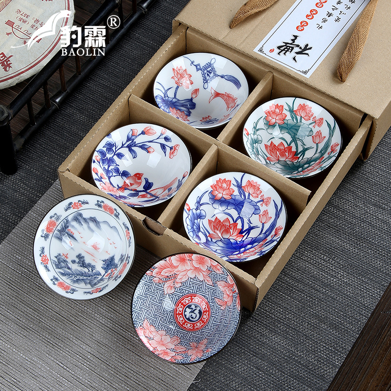 青花瓷功夫小茶杯10只茶具套装陶瓷斗笠杯茶盏杯单杯盖碗茶碗主人 三维工匠 羊脂玉大号-彩色斗笠杯-山水孤舟