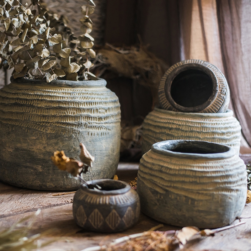 家柏饰(CORATED)非洲艺术老罐 复古工艺水泥罐坛子花瓶花盆花器民族风 绳纹坛(大)需打孔请备注 大高清大图