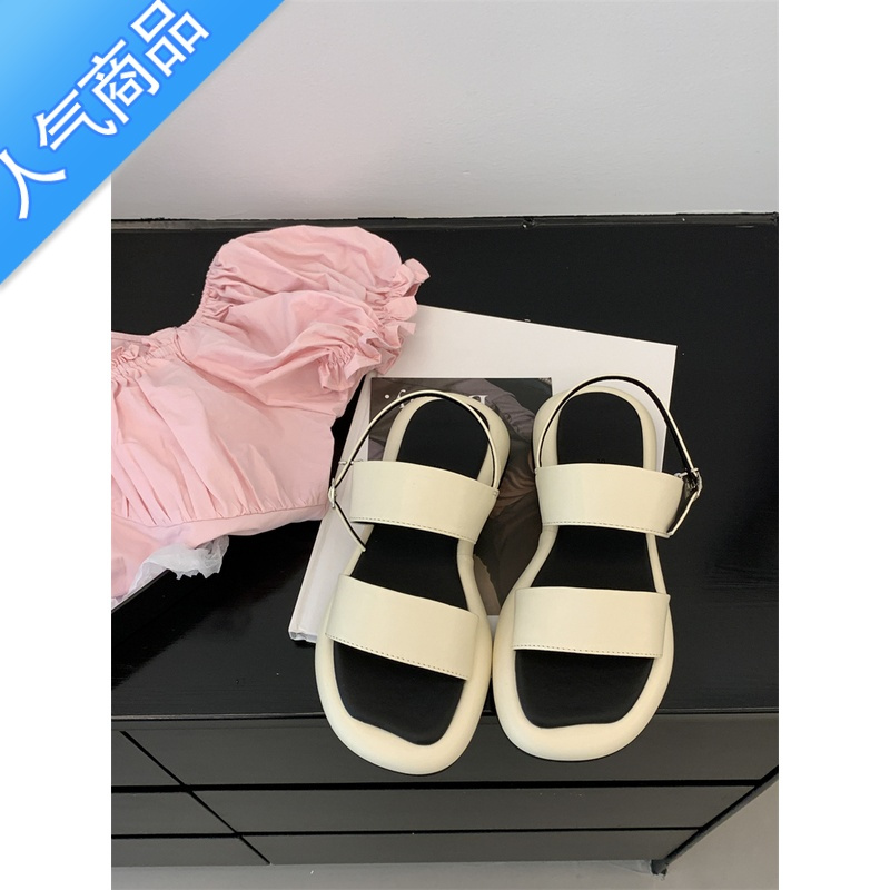 SUNTEK网红同款厚底凉鞋女2023夏季新款一字带仙女风银色罗马松糕凉鞋女