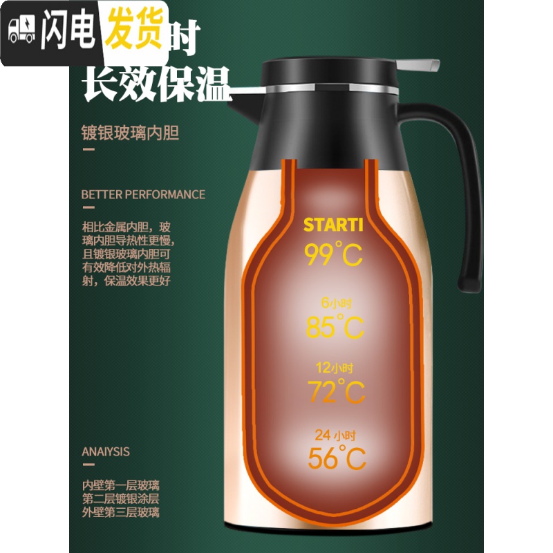 三维工匠保温水壶家用不锈钢热水瓶学生宿舍暖瓶大容量热水暖壶便携保温壶 金色新款-1.9高清大图