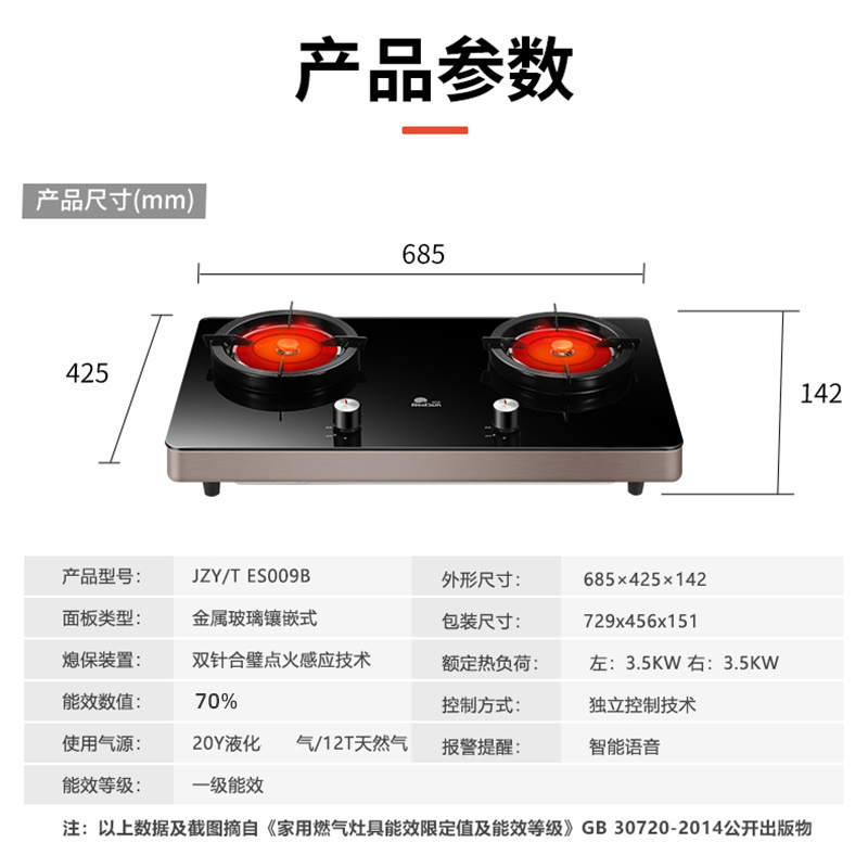 红日(RedSun)ES009B燃气灶 家用红外线灶煤气灶双灶 固定定时防烧干 智能语音提示 一级能效 (天然气)高清大图