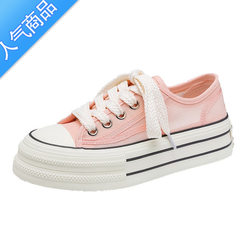 SUNTEK帆布鞋女2023新款夏季薄款透气网面鞋小众厚底增高休闲小白鞋高清大图