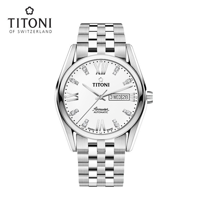 titoni瑞士梅花表男自动机械手表空中霸王系列罗马表钢带93709s-385