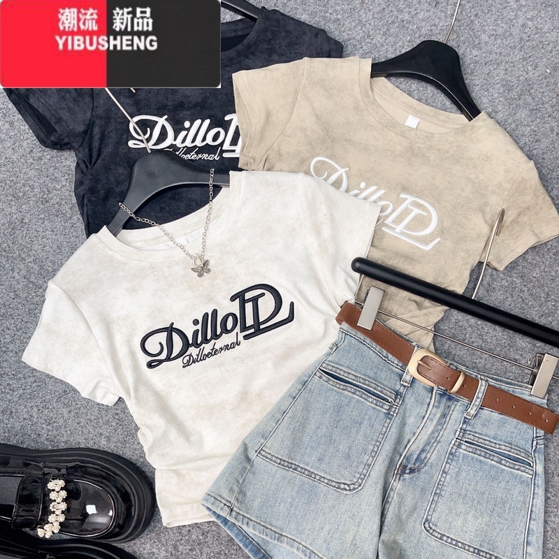 YIBUSHENG美式字母刺绣短袖T恤衫女2024季扎染设计收腰别致独特短款上衣高清大图