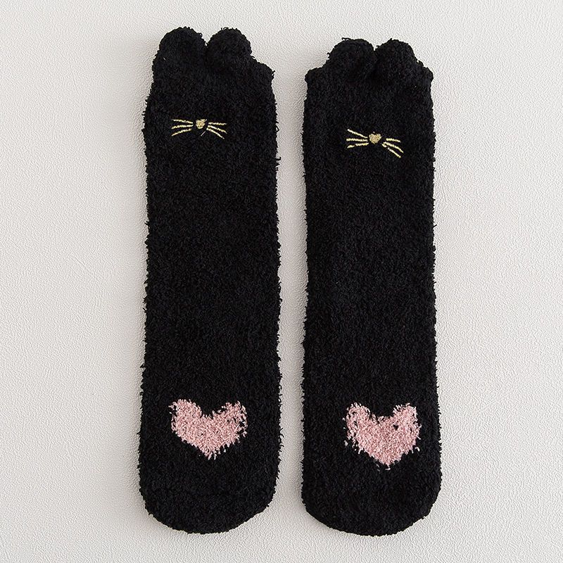 珊瑚绒袜子女中筒袜秋冬保暖家居地板1011月子袜可爱猫爪加绒加厚黑色