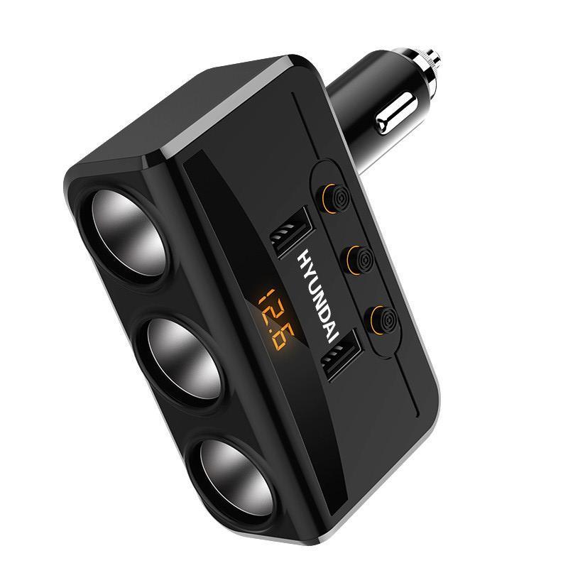 现代一分三车载充电器智能点烟器扩展三孔双USB12V-24V通用HY-29 黑色