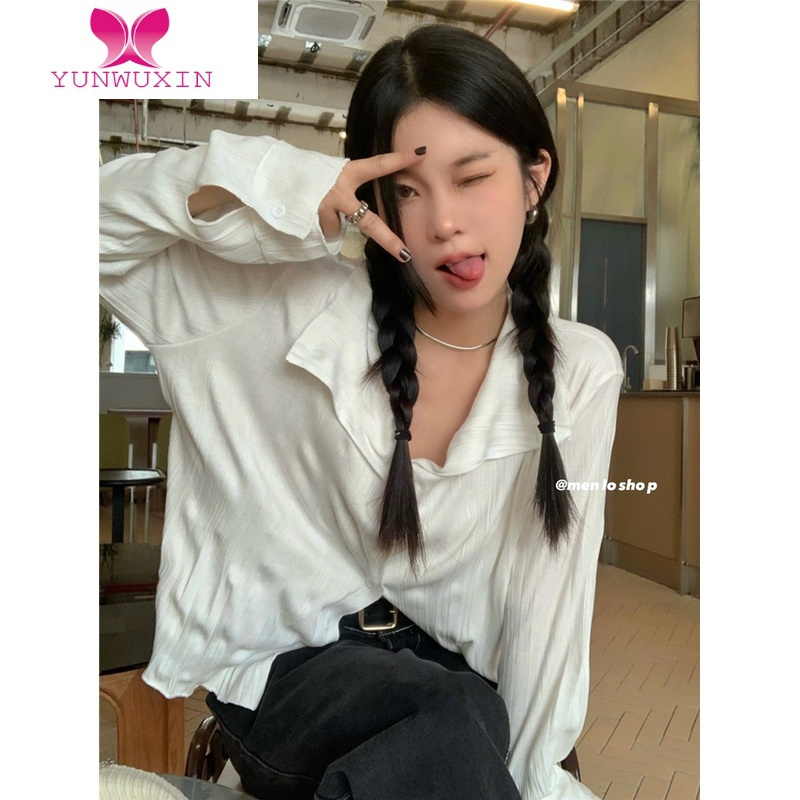 YUNWUXIN2022薄款大码胖mm宽松显瘦防嗮上衣女百搭翻领褶皱长袖衬衫潮