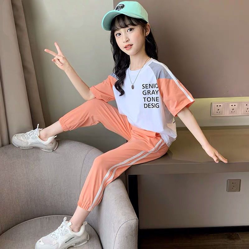 棉女童套装夏装新款韩版中大童洋气休闲时尚短袖运动两件套
