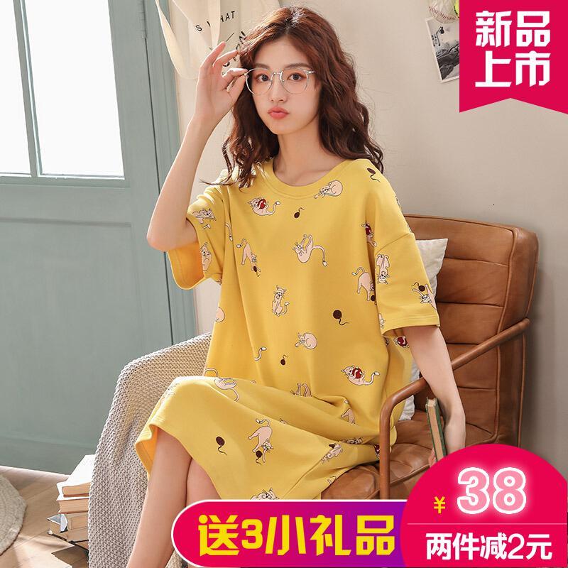 波迷娜(BOMINA)全棉睡衣短袖睡裙少女夏季学生卡通可爱纯棉加大码连衣裙子可外穿