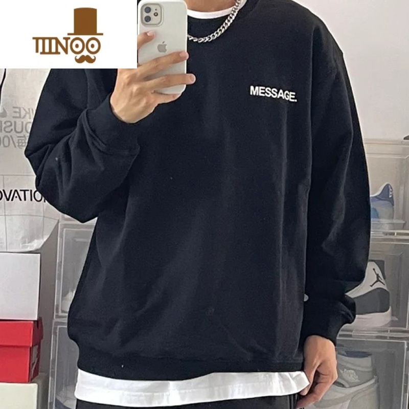 YANXUvintage潮牌街头嘻哈宽松长袖卫衣男美式圆领薄款简约上衣ins高清大图