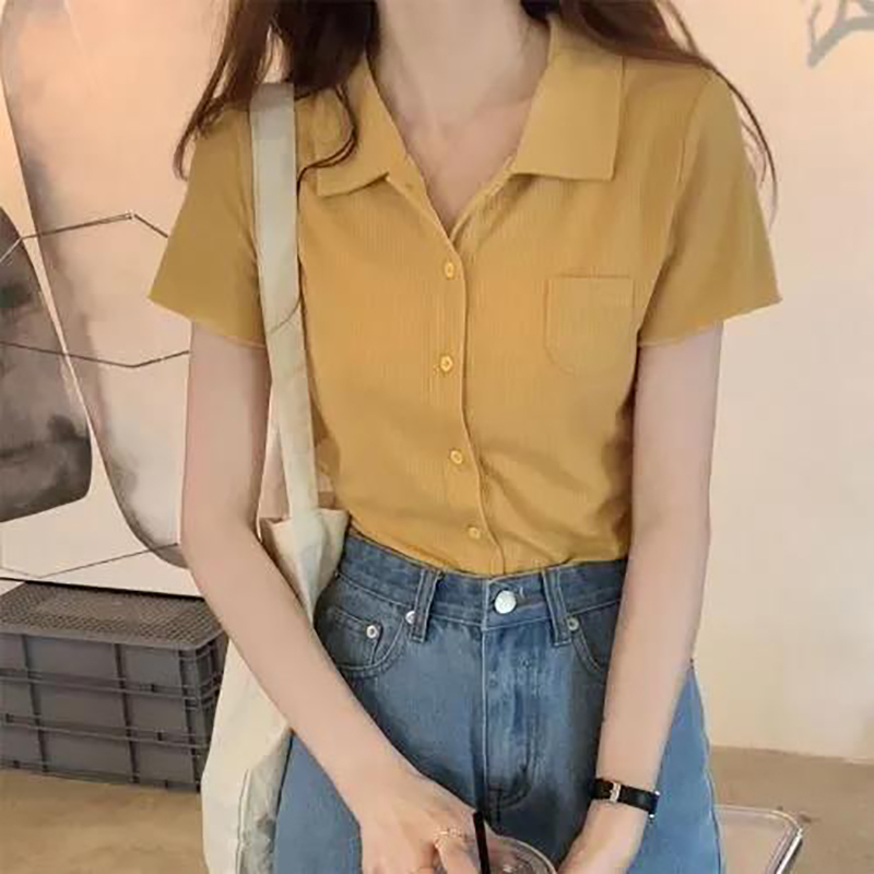 2022夏季新款修身polo领针织短袖t恤女装韩版百搭洋气ins上衣 莎丞