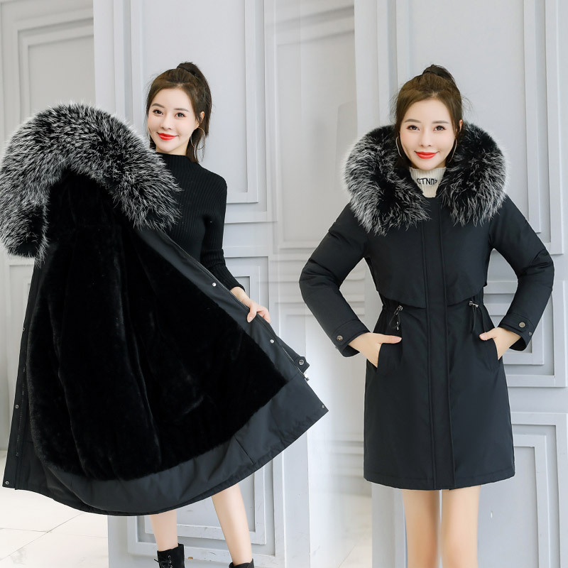 女派克服秋冬新款羽绒棉衣修身女式大毛领连帽棉服女外套 黑色 XXXXL